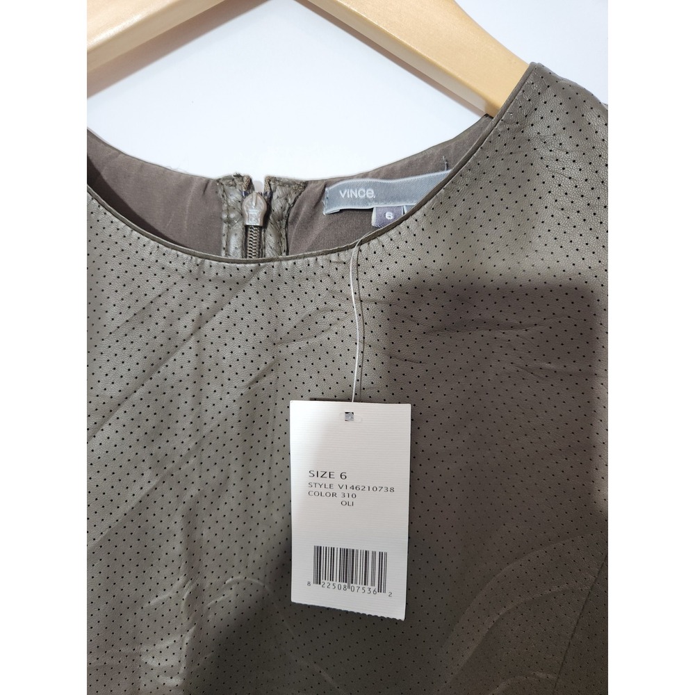 Vince Perforated Lambskin Leather Silk Shell Top Brown NWT Size 6 - Picture 4 of 8